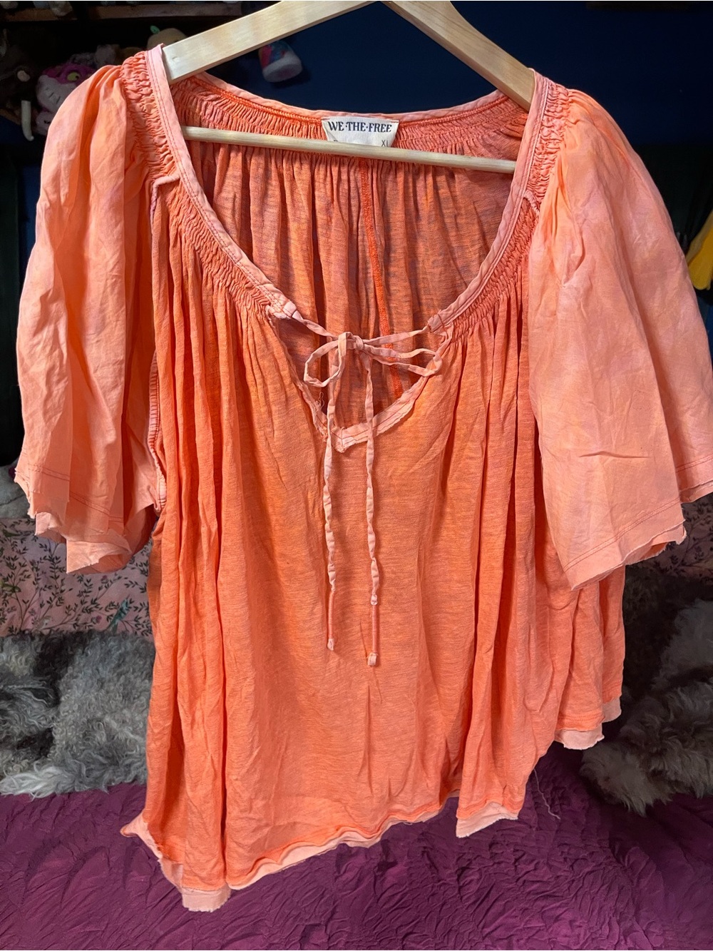 We The Free Coral Tie-Front Peasant Top